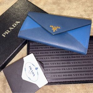 Prada Tri-Tone Blue Saffiano Leather Envelope Card Holder with Gold Logo